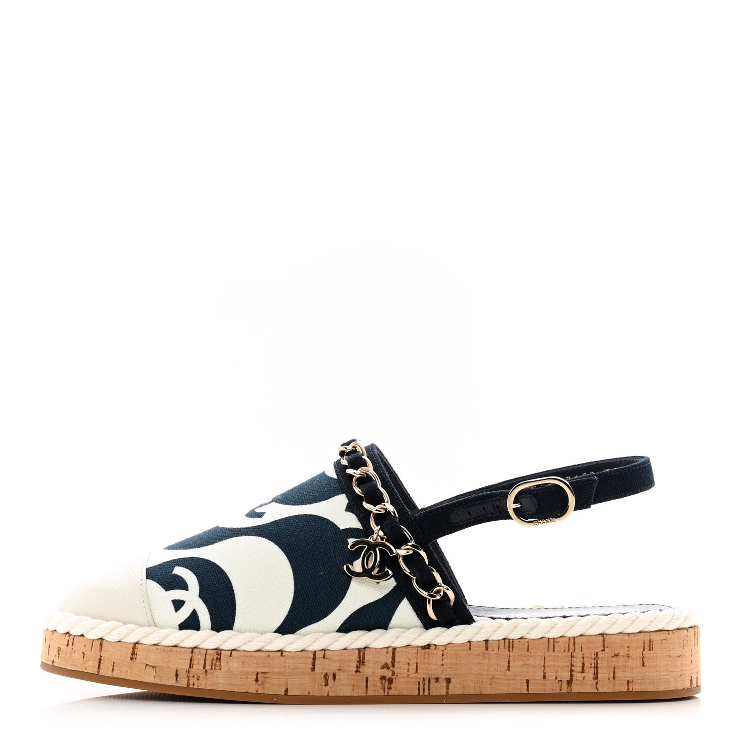 Chanel Lambskin Cotton Cork Printed Cap Toe Chain Mules Sandals 37 Navy White 1 of 9