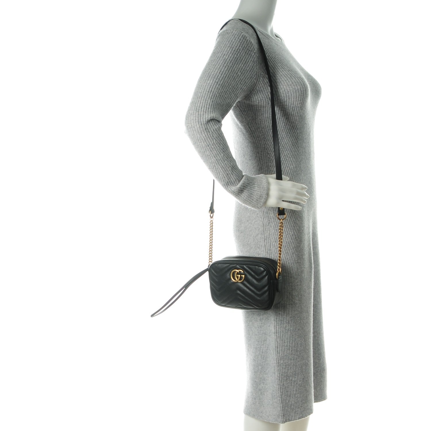 Gucci Calfskin Matelasse Mini GG Marmont Chain Shoulder Bag Black 2 of 7