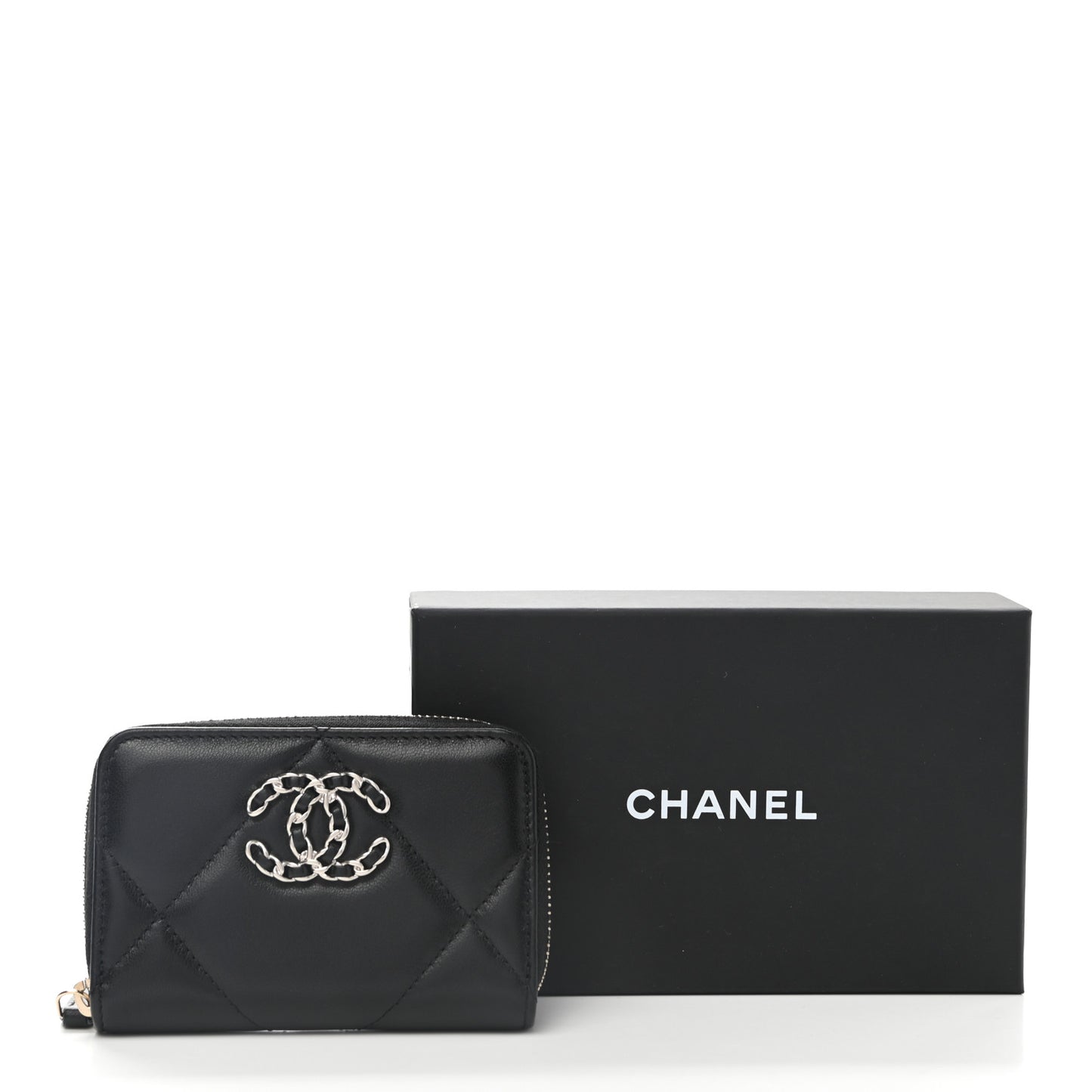 Lambskin Quilted Chanel 19 Zip Around Coin Purse Wallet Black