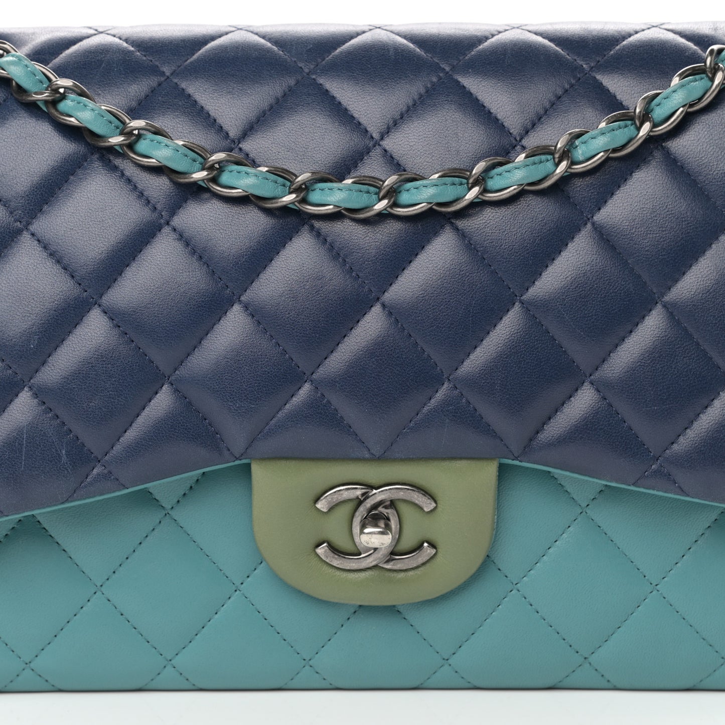 Lambskin Quilted Tri-Color Jumbo Double Flap Navy Blue Green