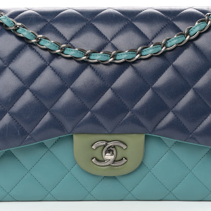 Chanel Lambskin Quilted Tri-Color Jumbo Double Flap Navy Blue Green 15 of 39