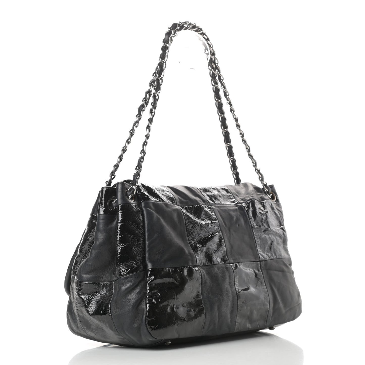 Lambskin Patent Calfskin Brooklyn Patchwork Accordion Flap Black