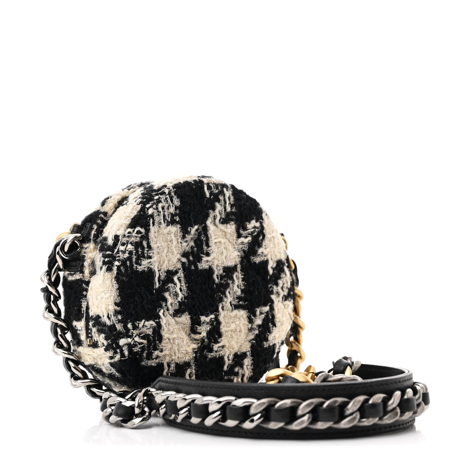 Chanel Wool Tweed Lambskin Quilted Chanel 19 Round Clutch With Chain and Coin Purse Black White 3 of 10