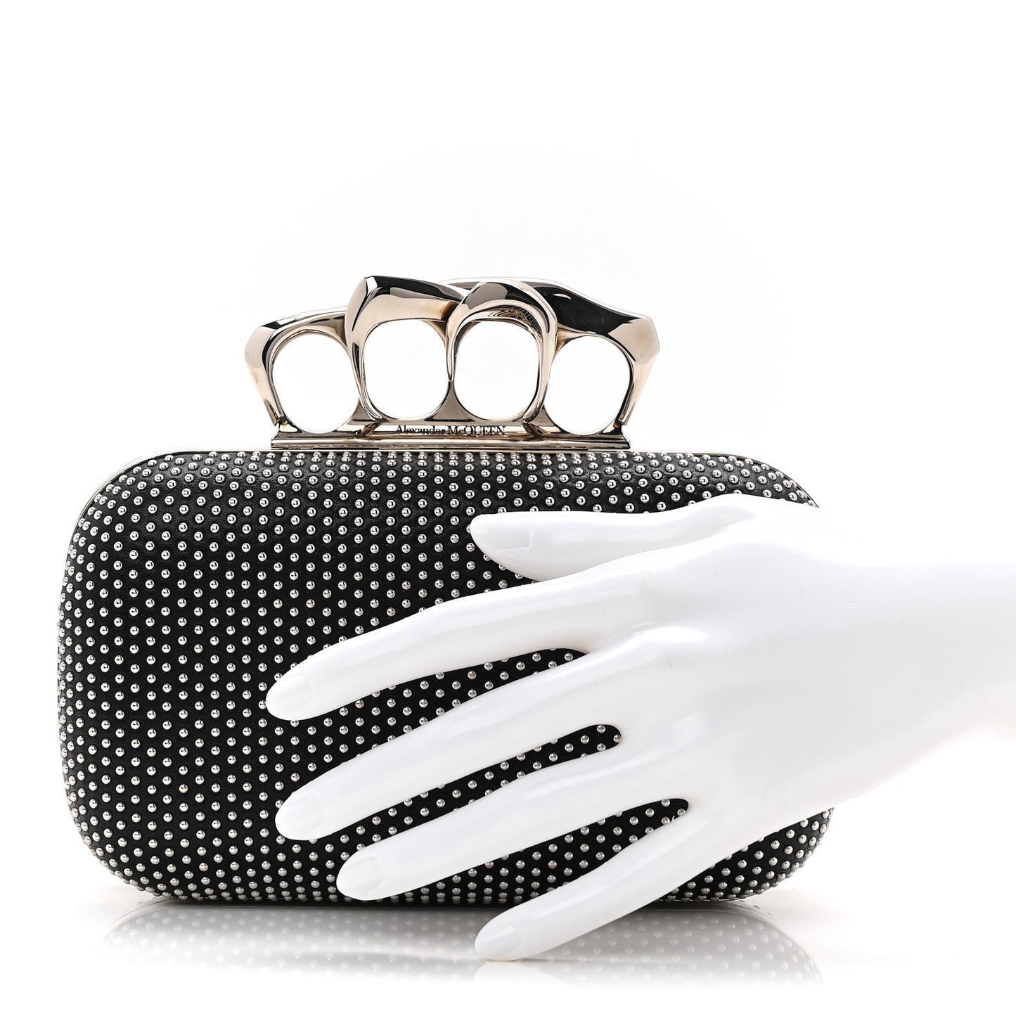 Calfskin Studded Skull Four Ring Knuckle Clutch Black