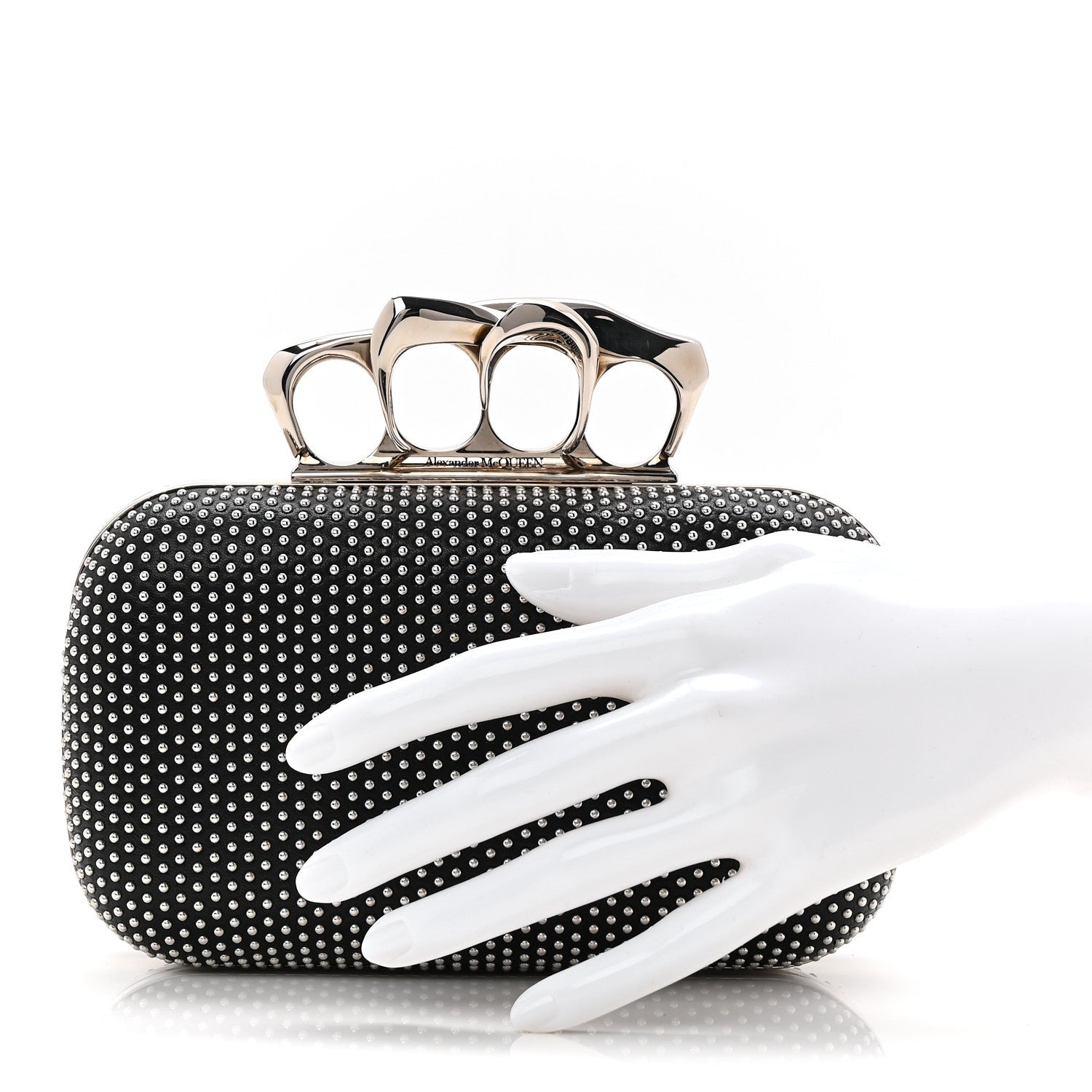 Alexander McQueen Calfskin Studded Skull Four Ring Knuckle Clutch Black 2 of 8