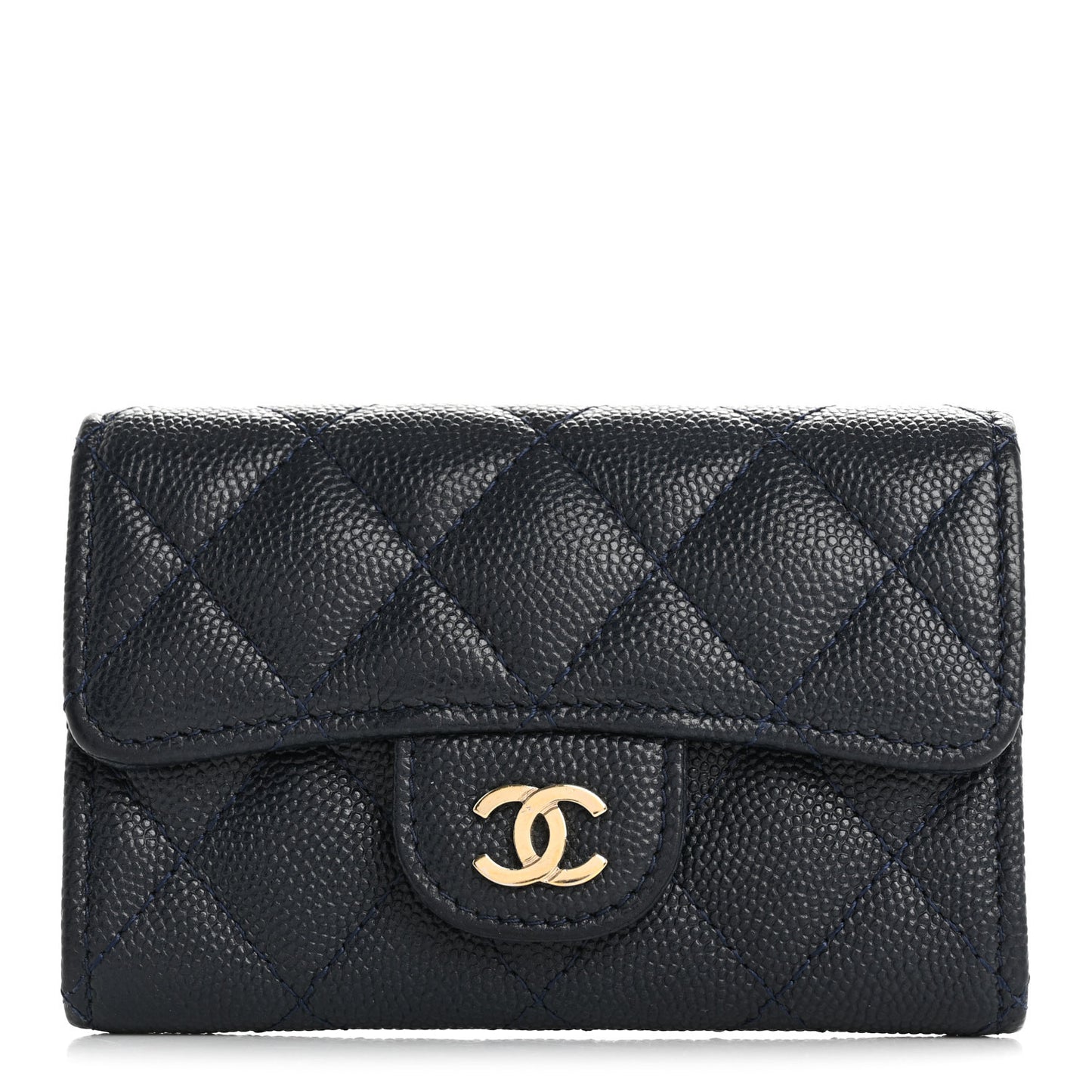 Caviar Quilted Flap Card Holder Wallet Navy Blue