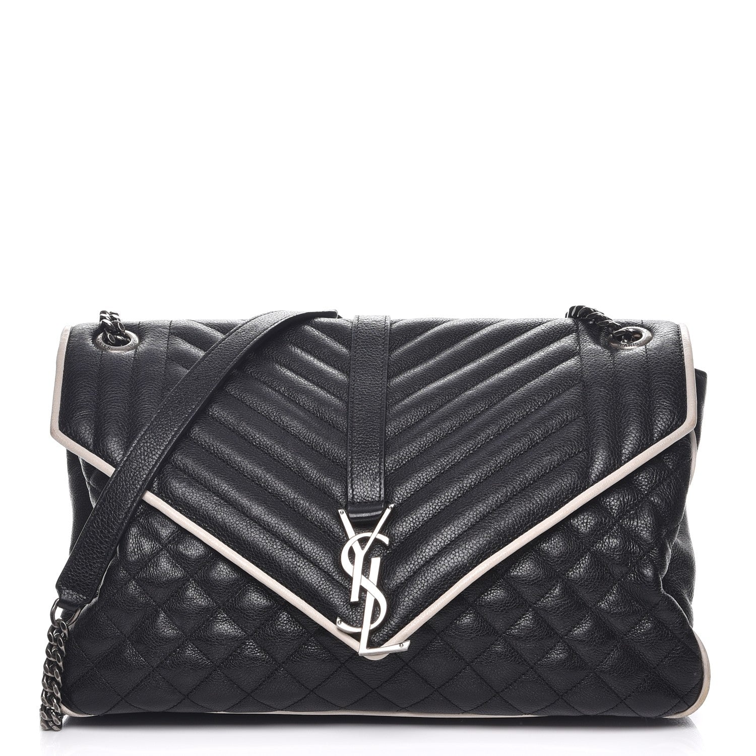 Saint Laurent Calfskin Mixed Matelasse Triquilt Large Monogram Envelope Satchel Black White 1 of 13