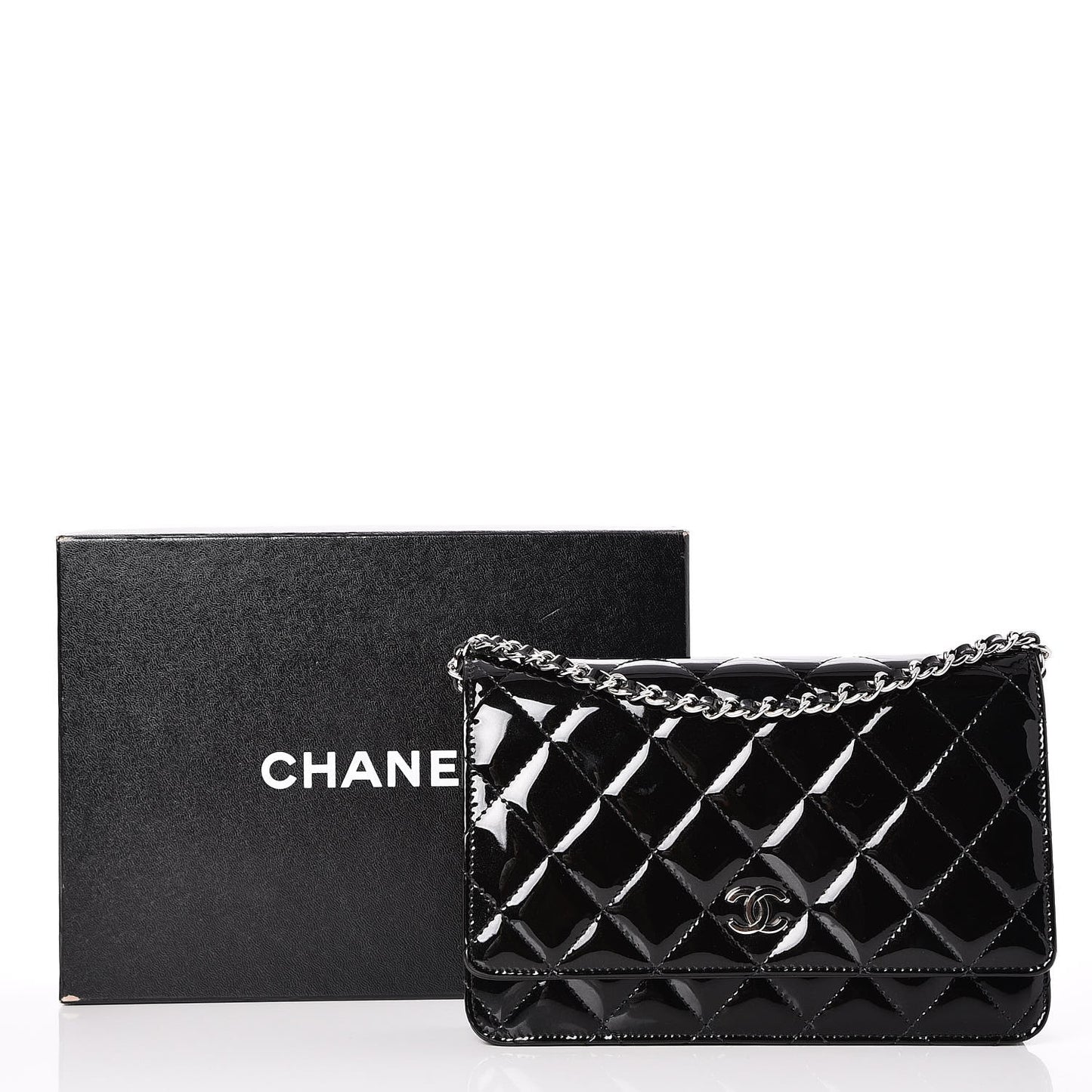 Patent Quilted Wallet On Chain WOC Black
