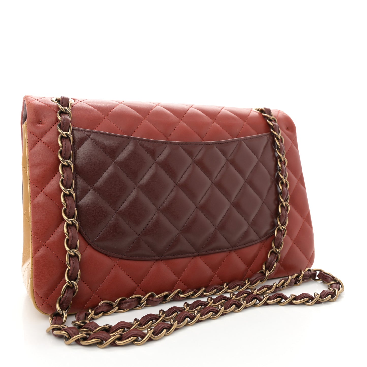 Lambskin Quilted Tri-Color Jumbo Double Flap Orange Burgundy Yellow