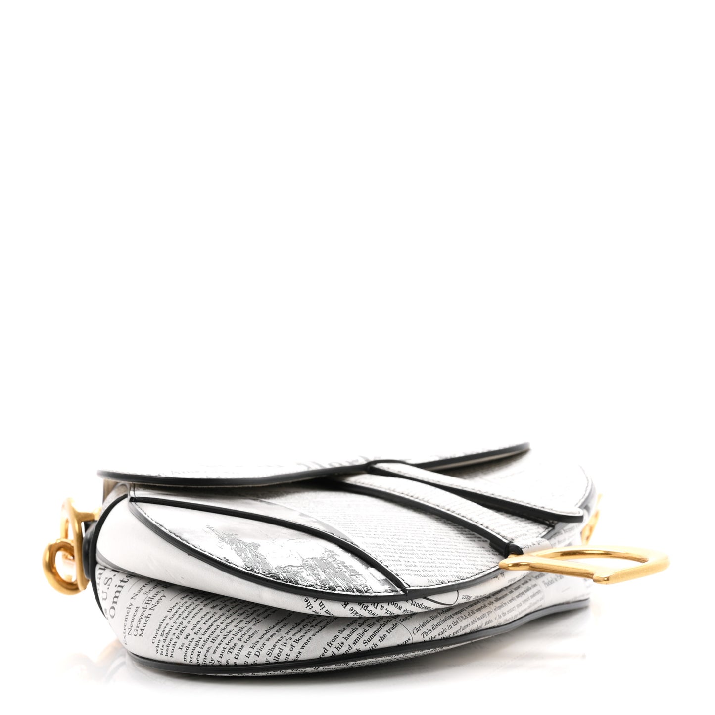 Calfskin Newspaper Printed Saddle Bag With Strap Black White