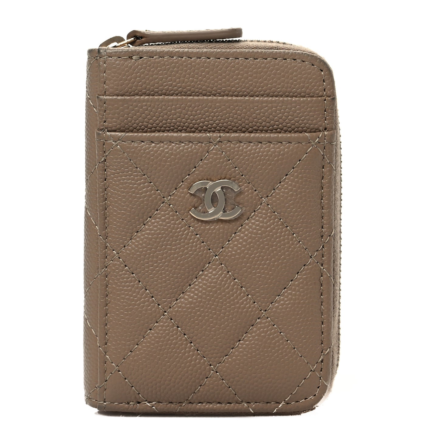 Caviar Quilted Zip Card Holder Beige
