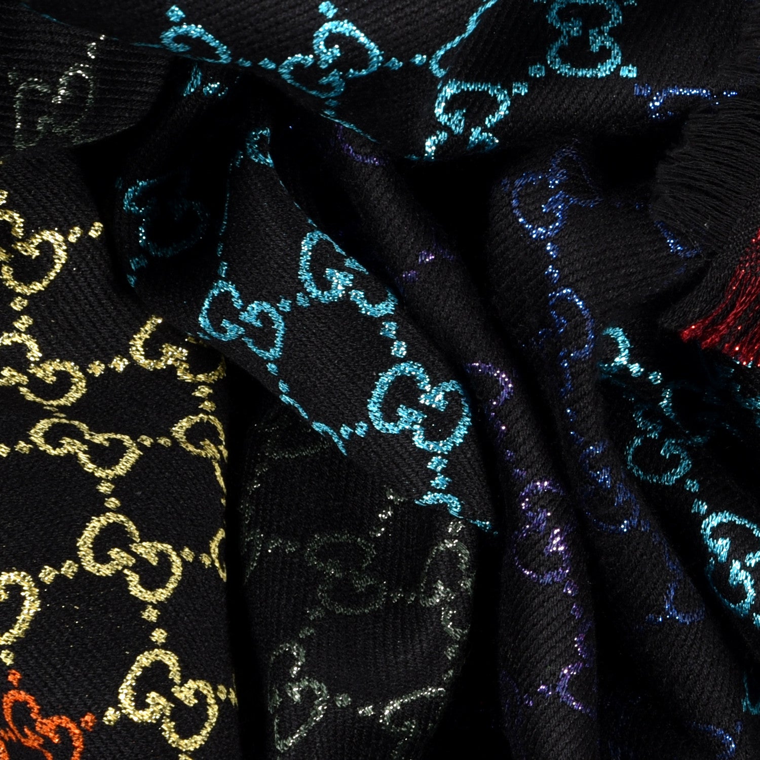 Gucci Viscose Cotton Silk Jacquard GG Monogram Shiny Summer Square Shawl Black Multicolor 3 of 4