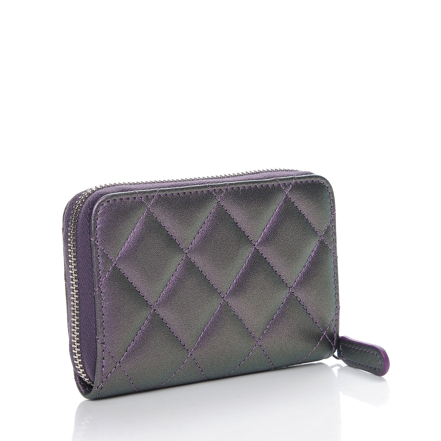 Chanel Metallic Lambskin Quilted Zip Around Coin Purse Wallet Dark Purple 3 of 8