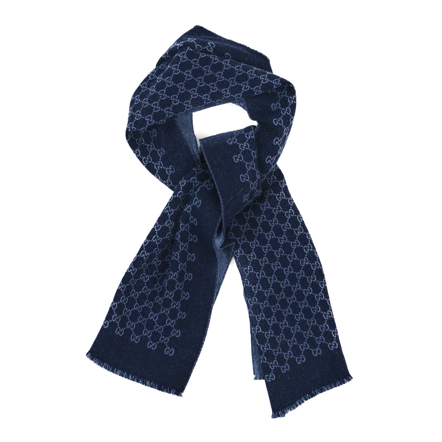 Gucci Wool GG Monogram Sogi Fringe Scarf Periwinkle Sky Blue 1 of 4