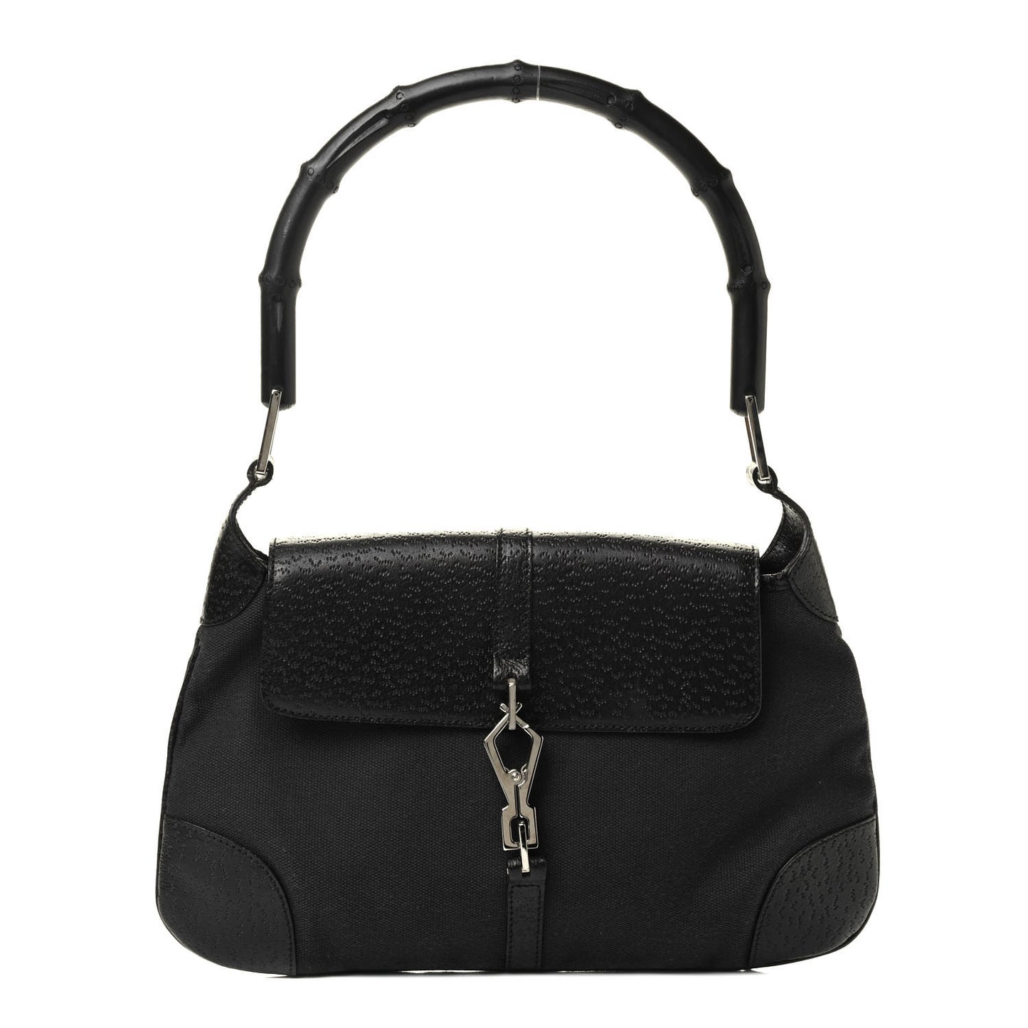 Canvas Calfskin Bamboo Handle Jackie O Hobo Black