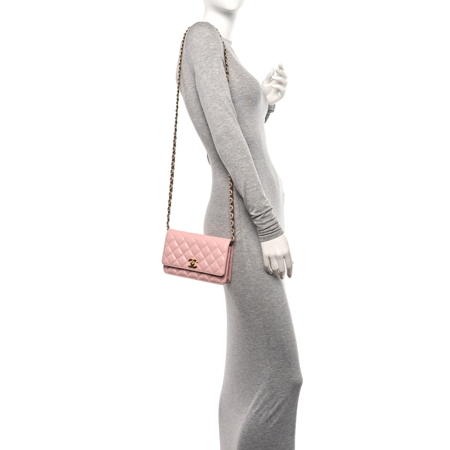 Shiny Lambskin Quilted Golden Links Wallet On Chain WOC Light Pink