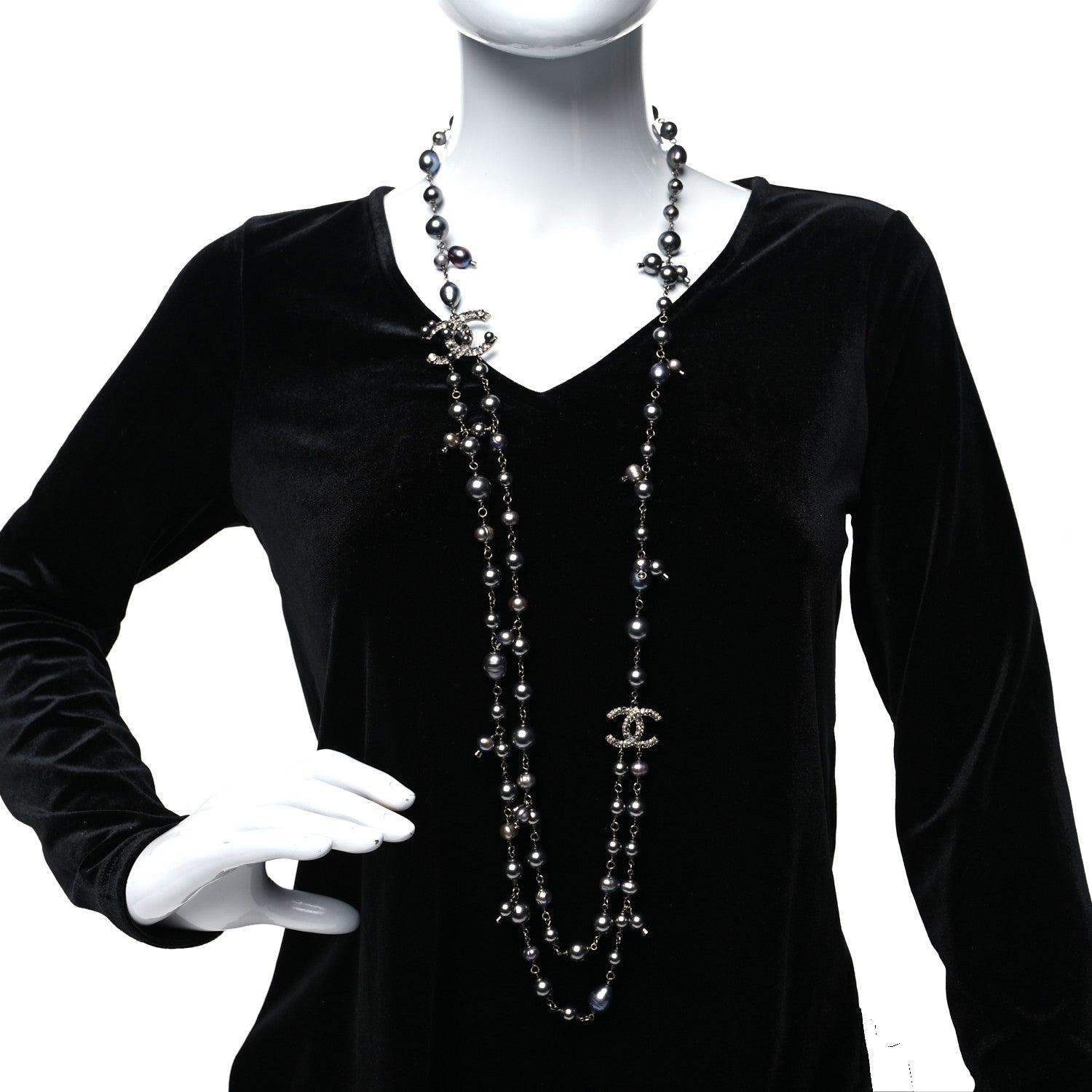 Chanel Ruthenium Crystal Pearl CC Necklace Grey 2 of 5