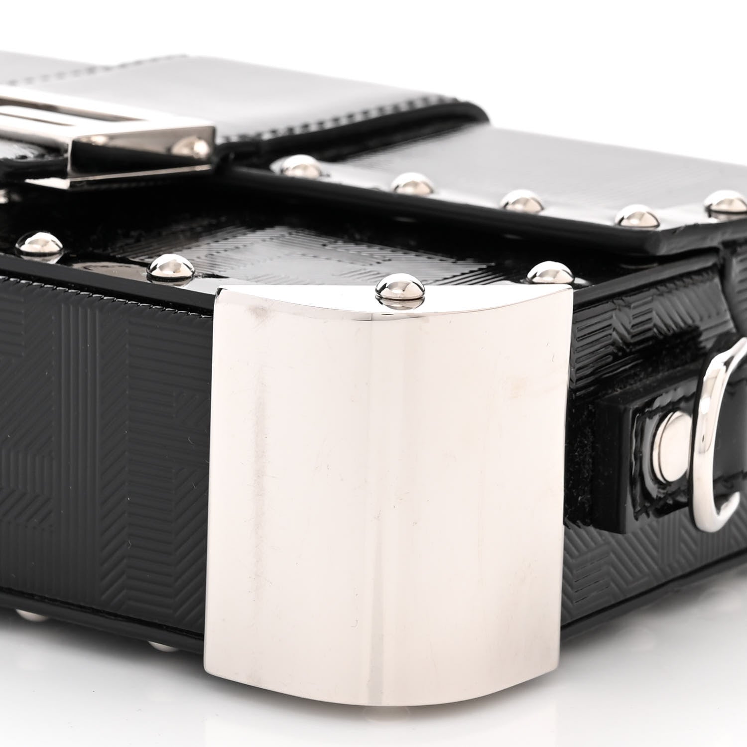 Fendi Vitello King Patent FF Lines Embossed Studded Mini Baguette Trunk Black 10 of 10