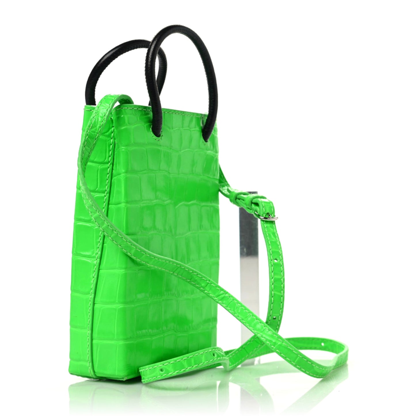 Shiny Calfskin Crocodile Embossed Logo Shopping Phone Holder Bag Fluo Green Black
