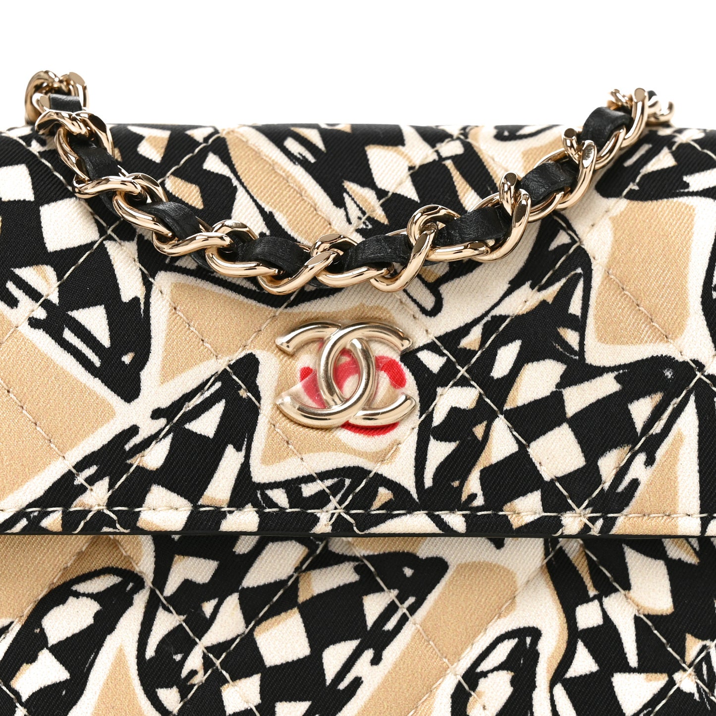 Canvas Check Flag Printed CC Clutch With Chain Beige Multicolor Beige Multicolor