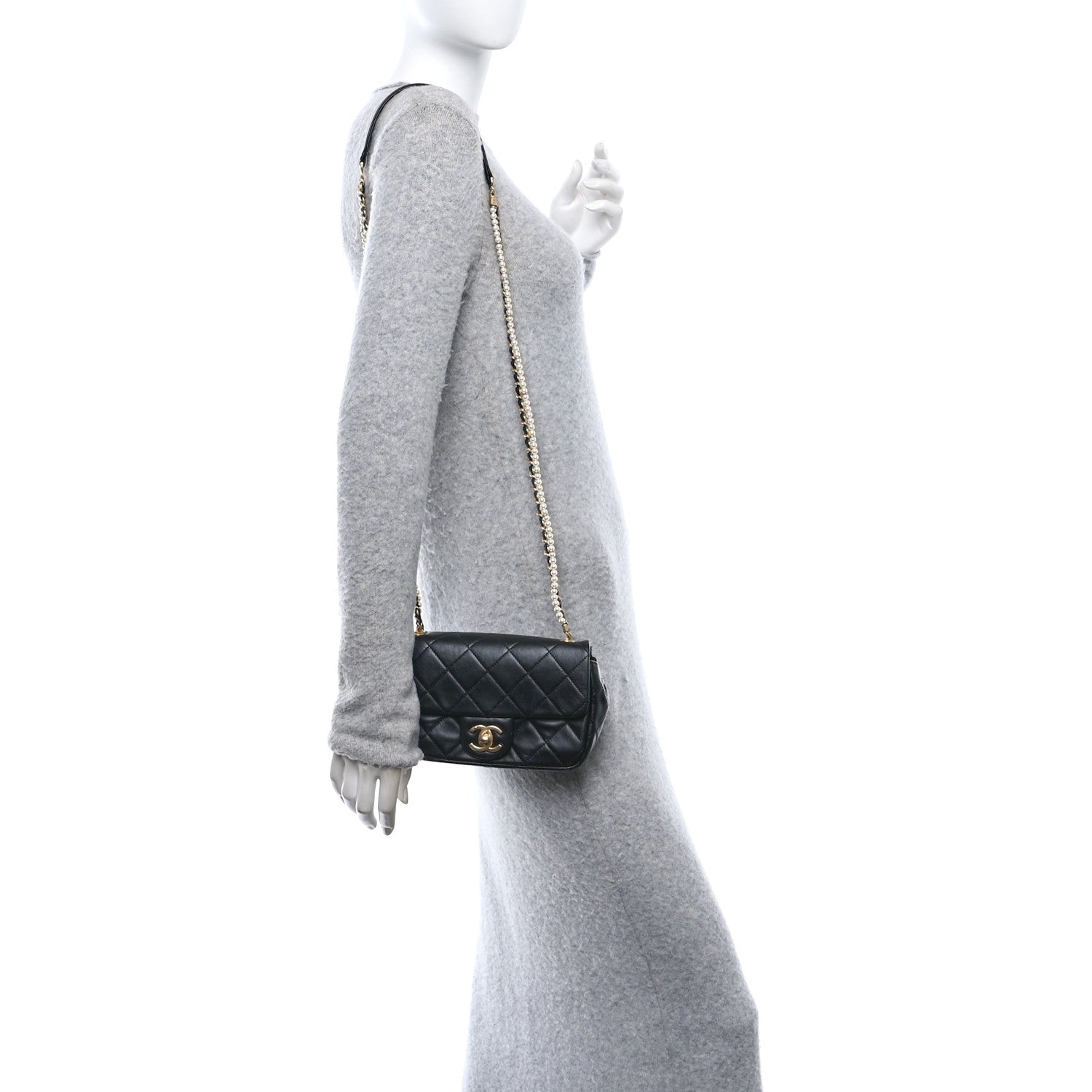 Chanel Calfskin Quilted Mini Rectangular Crystal Pearls Chain Flap Black 2 of 11