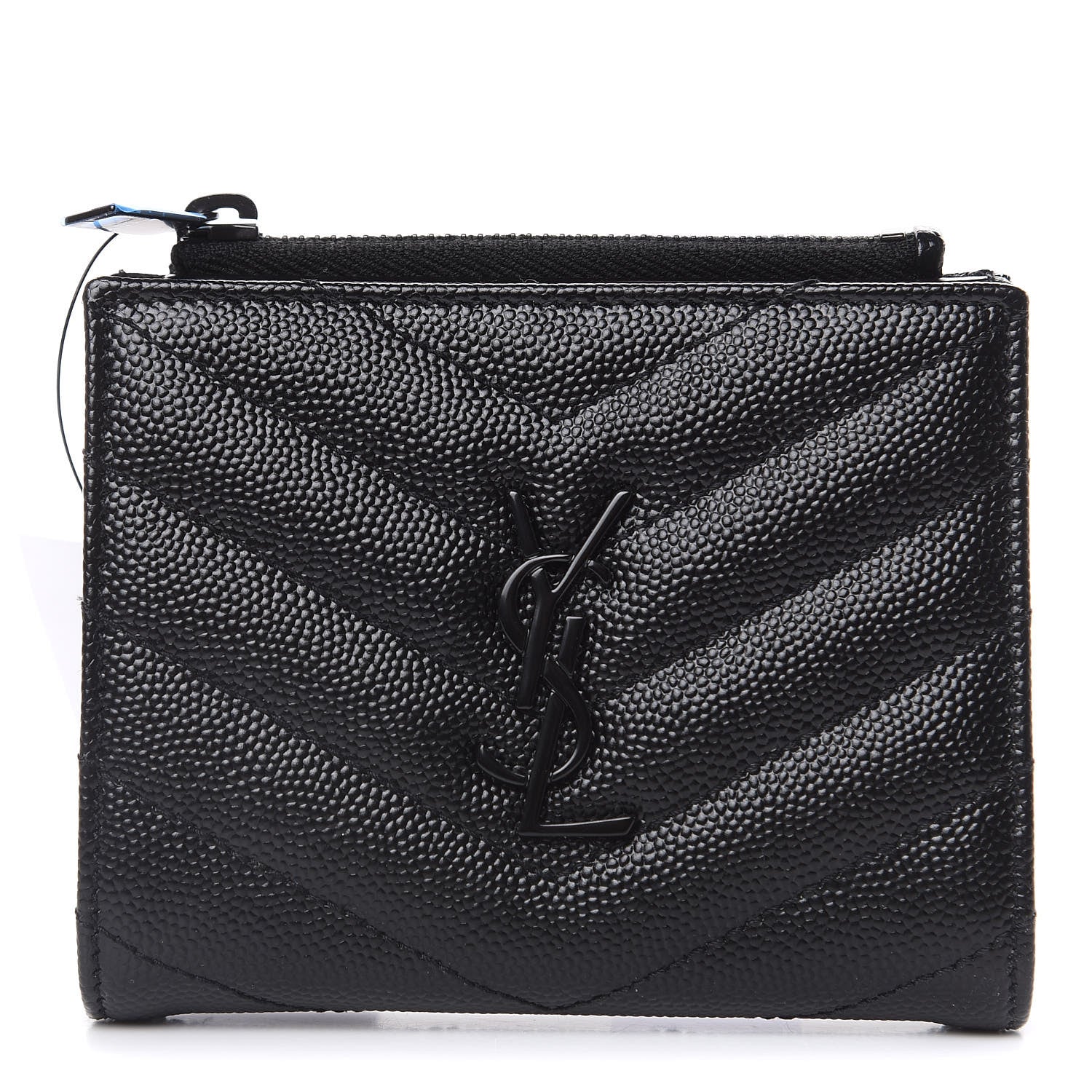 Saint Laurent Grain De Poudre Matelasse Chevron Monogram Zipped Card Case Black 1 of 7