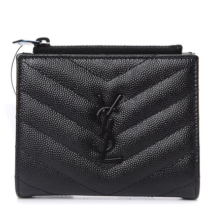 Saint Laurent Grain De Poudre Matelasse Chevron Monogram Zipped Card Case Black 1 of 7