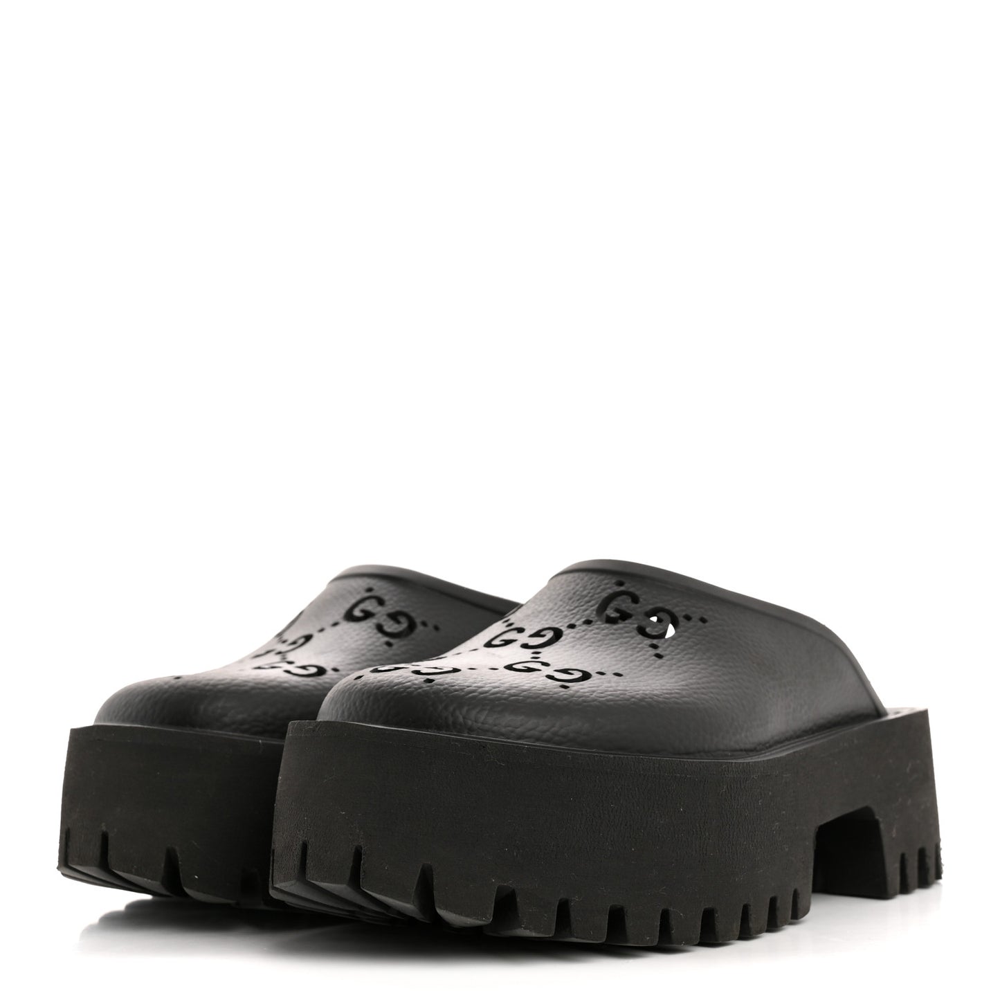 Rubber GG Monogram Perforated Elea Platform 55mm Lug Sole Sandals 36 Black