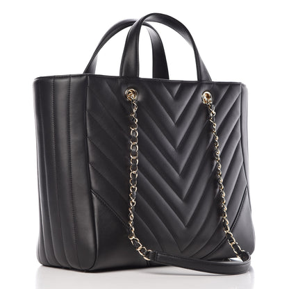 Chanel Calfskin Chevron Quilted Statement Shopping Tote Black 3 of 10