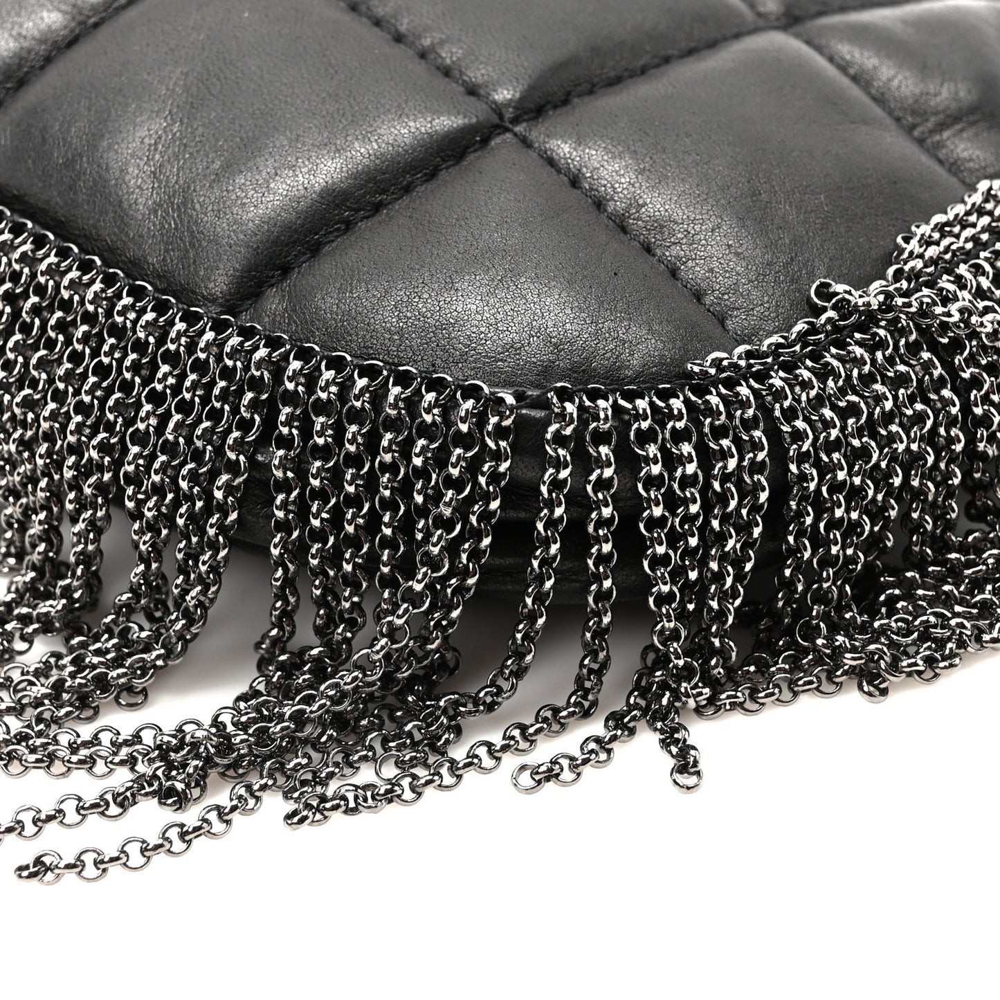Lambskin Square Quilted Chain Fringe Pochette Black