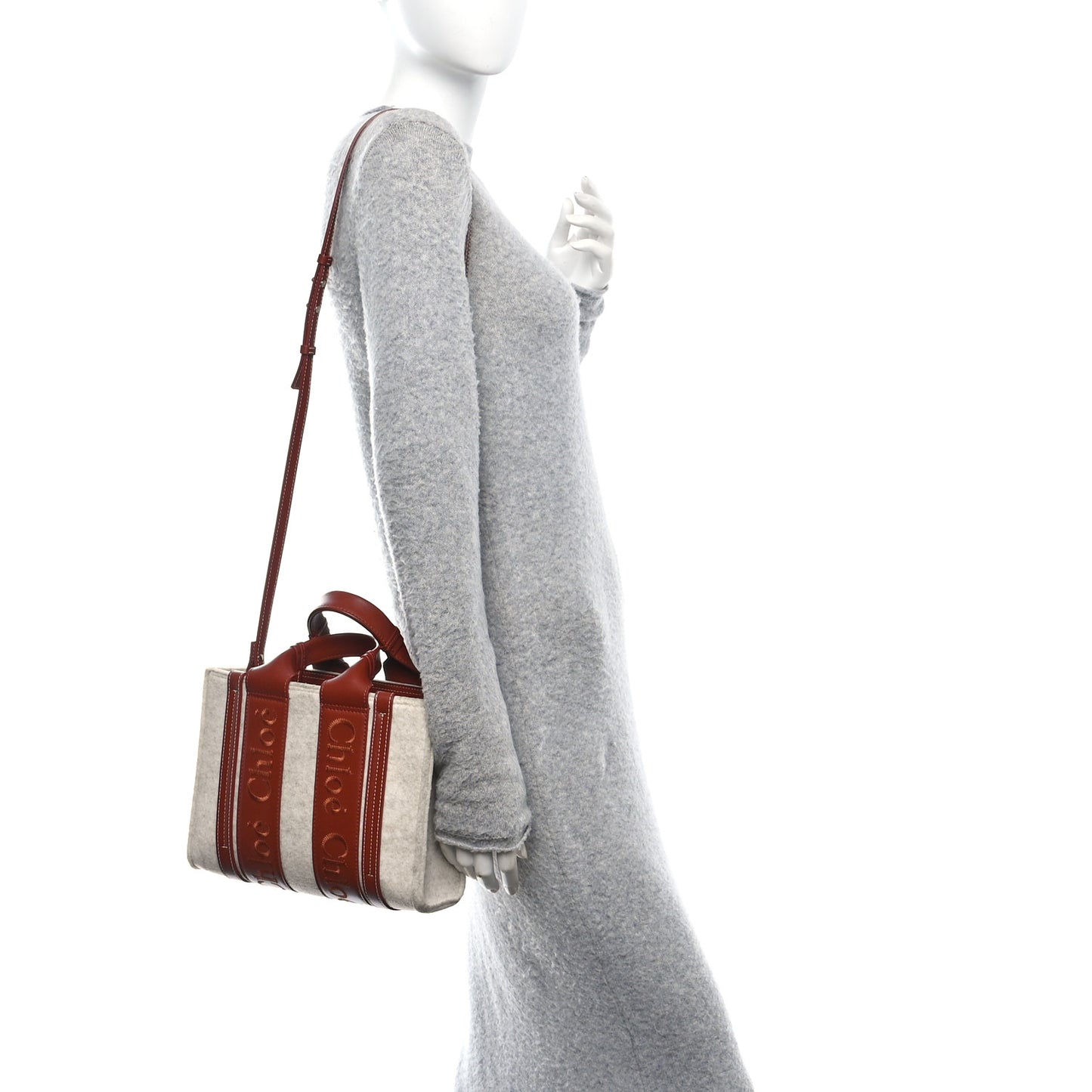 Felt Calfskin Small Woody Ribbon Tote With Strap Cement Beige