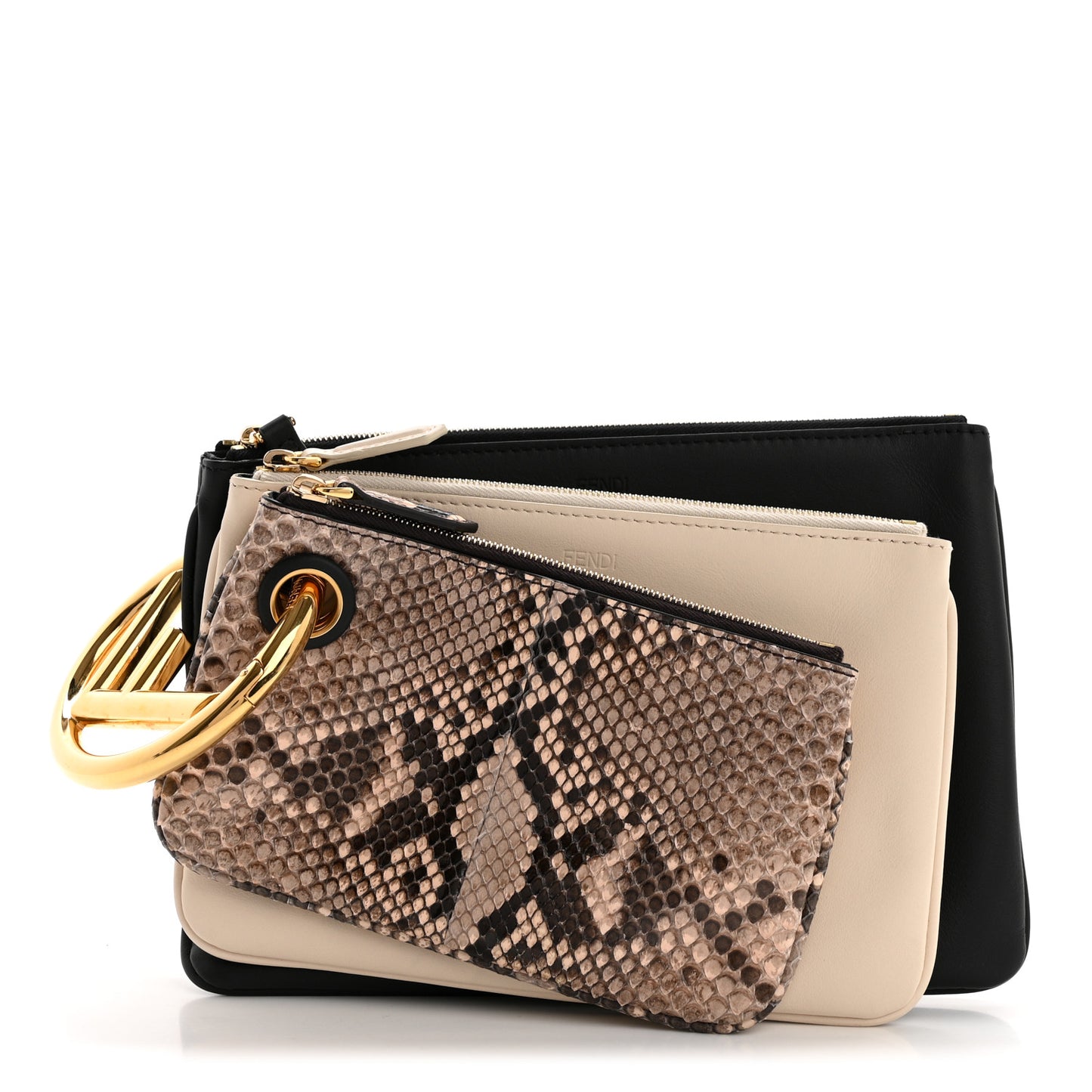 Vitello Century Snakeskin F is Fendi Tri-Color Triplette Pouch Set Powder Camelia Black