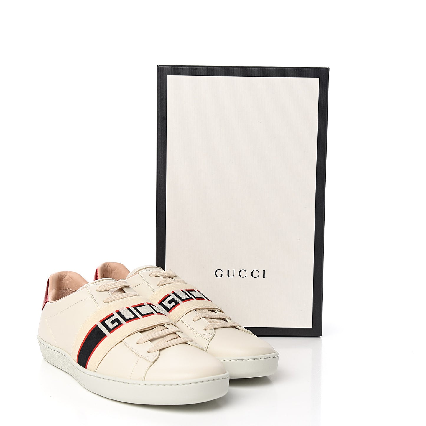 Calfskin Stripe Womens New Ace Sneakers 39.5 New Mystic White Ecru Red Flame