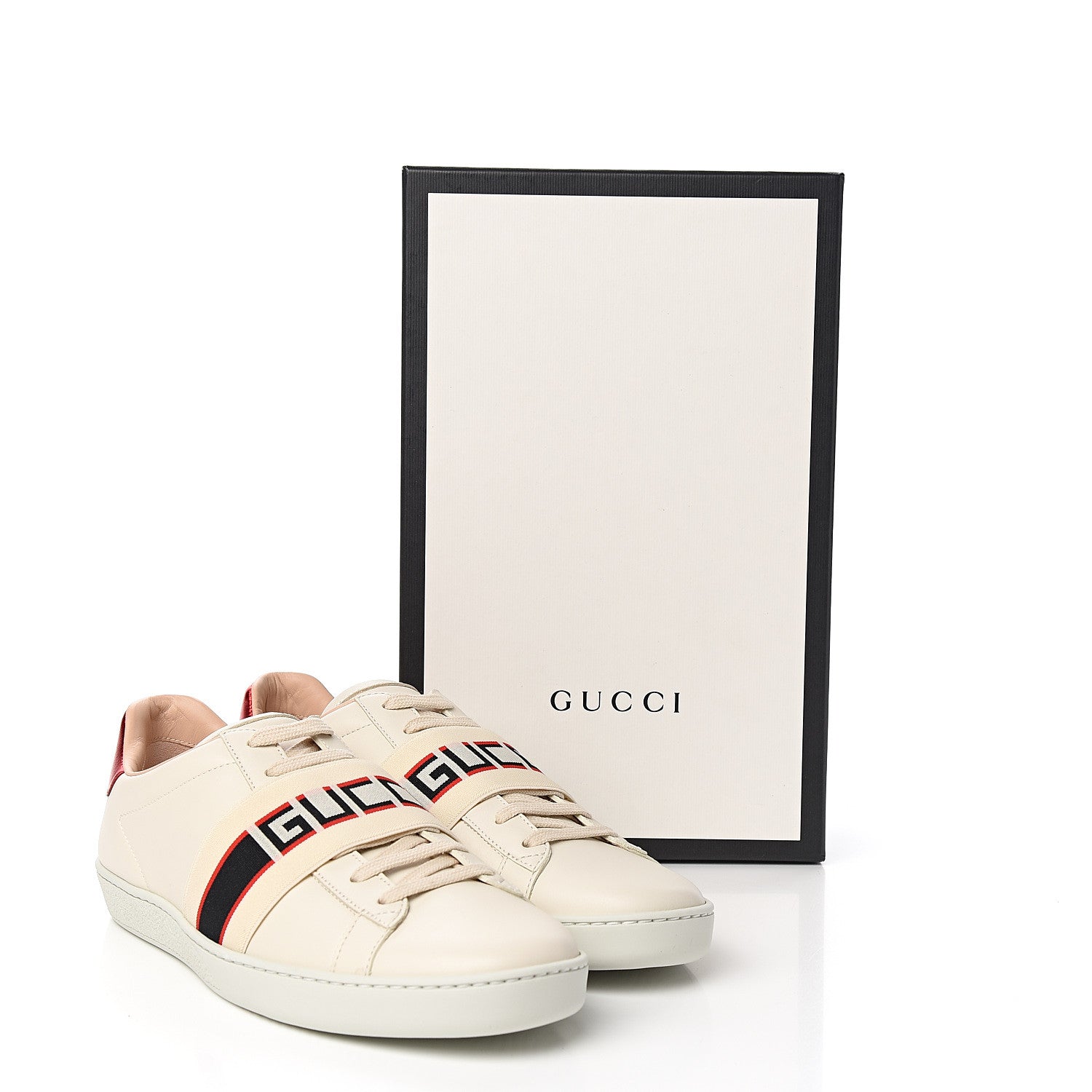 Gucci Calfskin Stripe Womens New Ace Sneakers 39.5 New Mystic White Ecru Red Flame 9 of 9