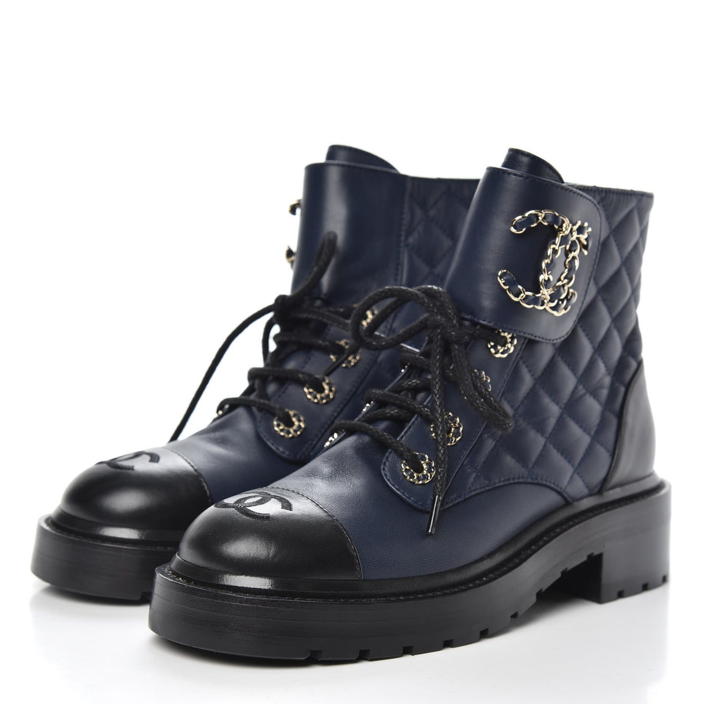 Lambskin Calfskin Quilted Lace Up Combat Boots 35.5 Navy Black