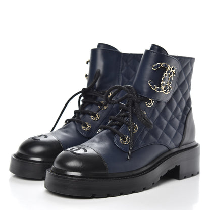 Chanel Lambskin Calfskin Quilted Lace Up Combat Boots 35.5 Navy Black 3 of 7