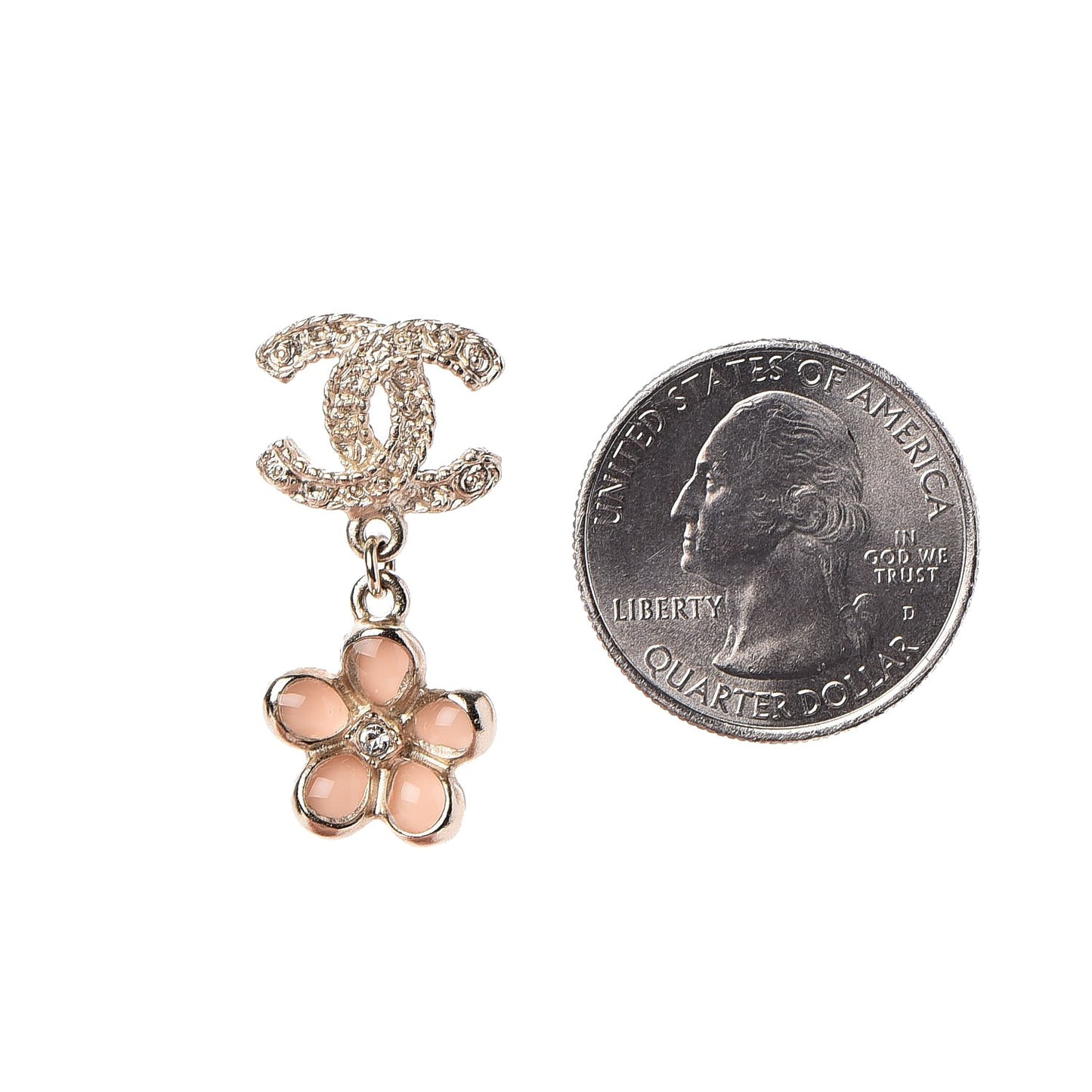 Metal Resin Diamante CC Flower Earrings Gold Beige
