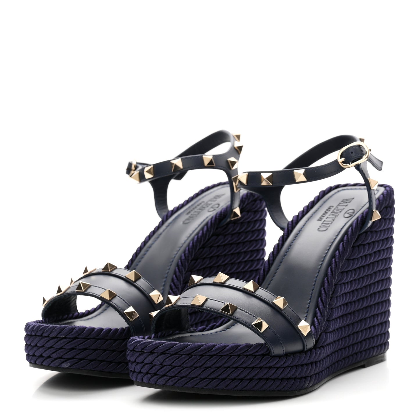 Calfskin Rockstud Ankle Strap Torchon Espadrille Caged 25/95mm Wedge Sandals 38 Blue
