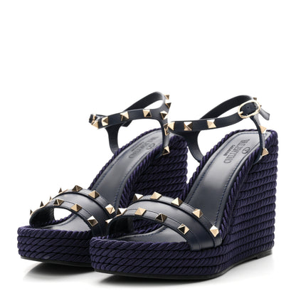 Valentino Garavani Calfskin Rockstud Ankle Strap Torchon Espadrille Caged 25/95mm Wedge Sandals 38 Blue 4 of 9