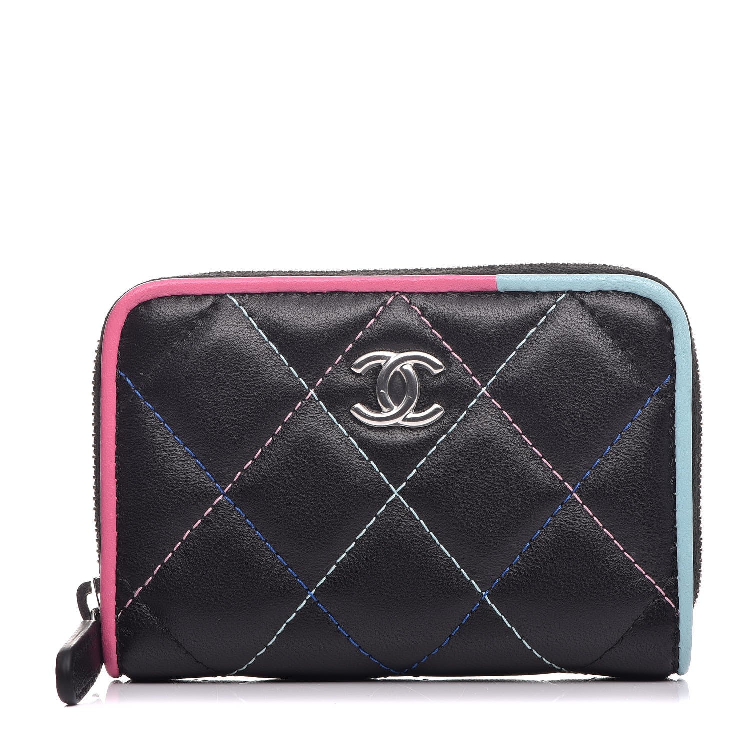 Chanel Lambskin Quilted Zip Around Coin Purse Wallet Black Multicolor 1 of 8