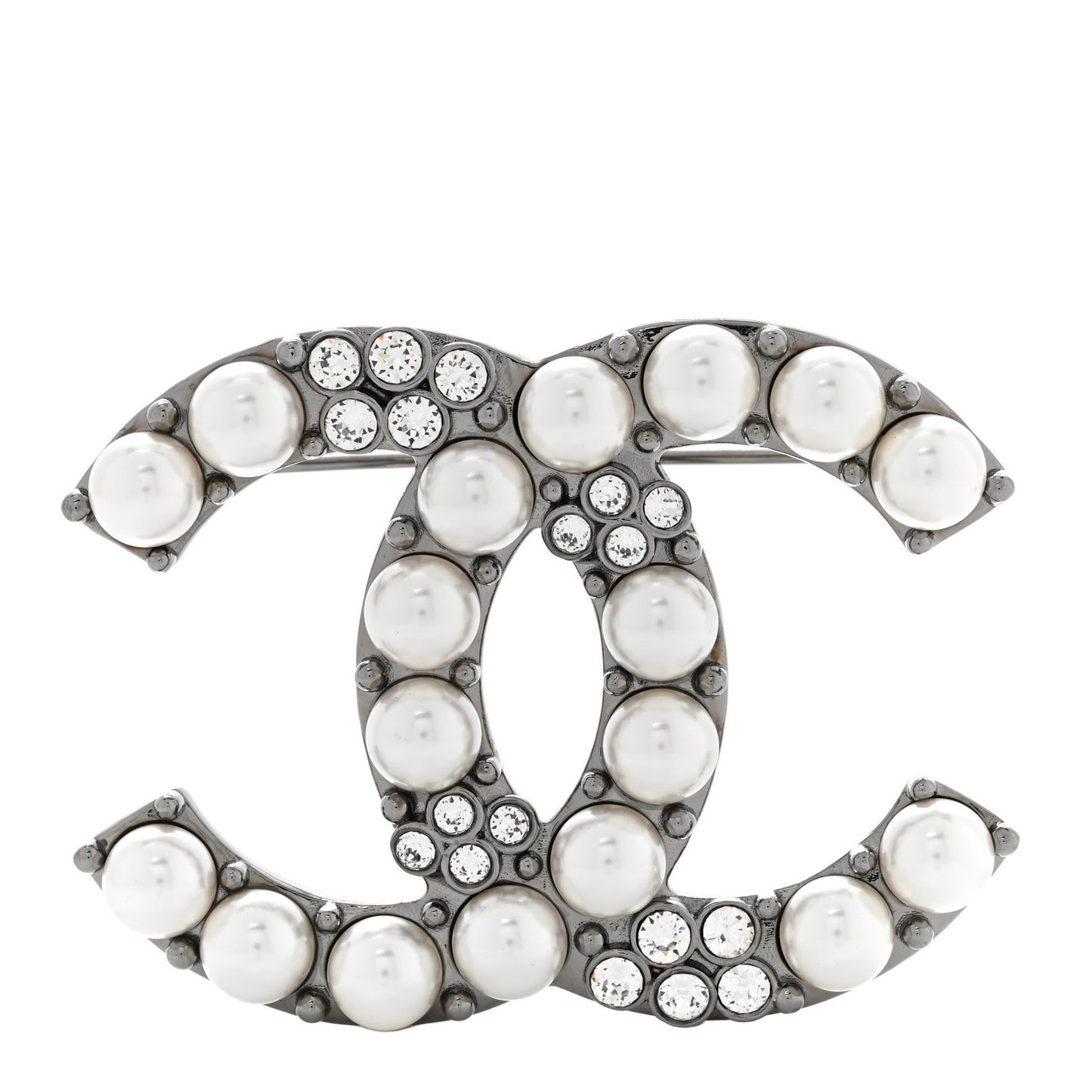 Pearl Crystal CC Brooch Ruthenium