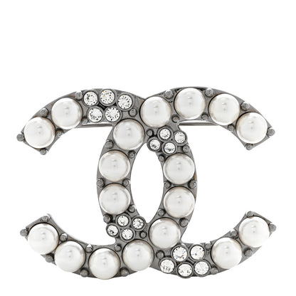 Chanel Pearl Crystal CC Brooch Ruthenium 1 of 5