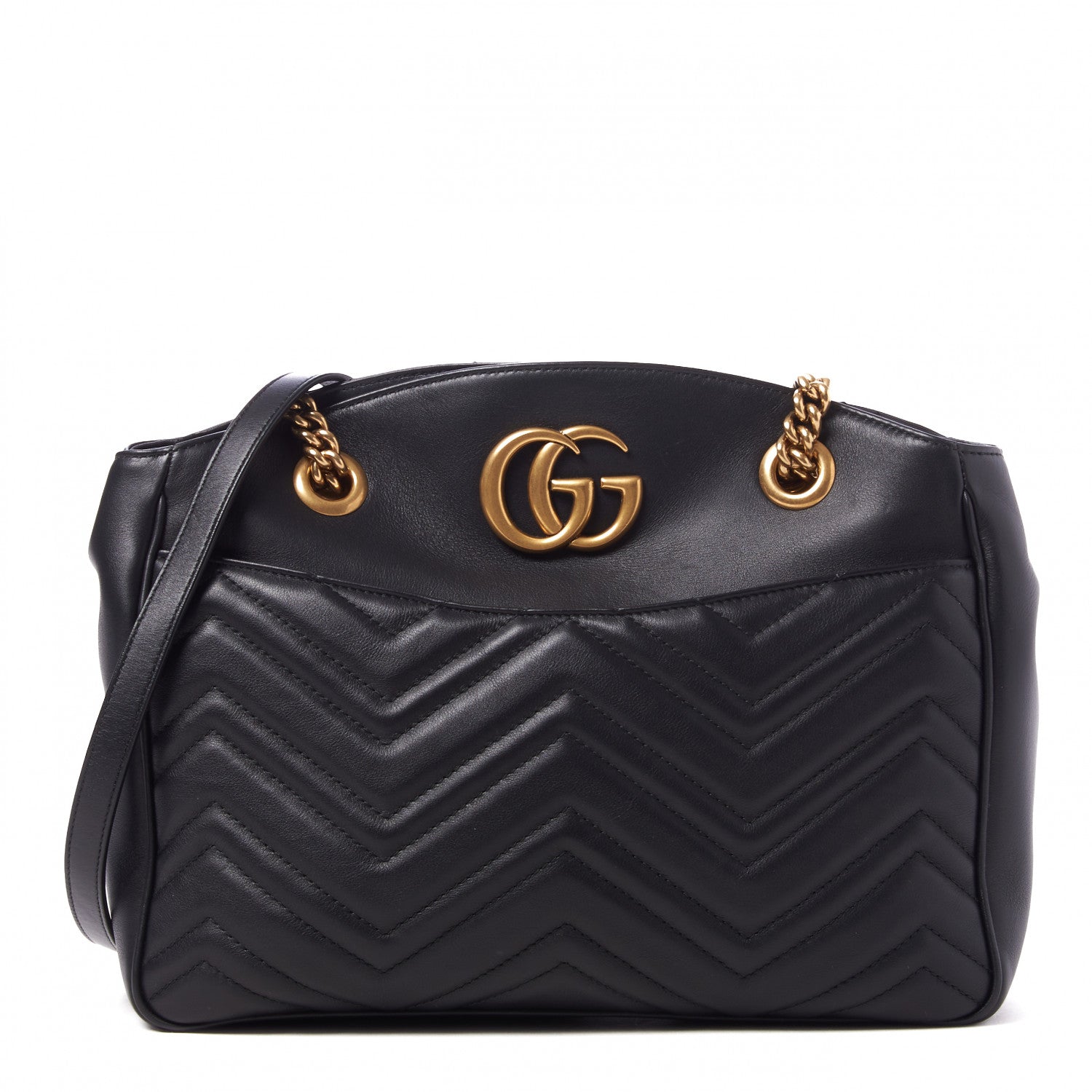 Gucci Calfskin Matelasse Medium GG Marmont Open Top Shoulder Bag Black 1 of 9
