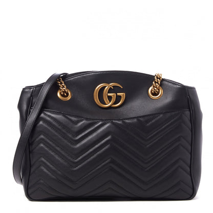 Gucci Calfskin Matelasse Medium GG Marmont Open Top Shoulder Bag Black 1 of 9