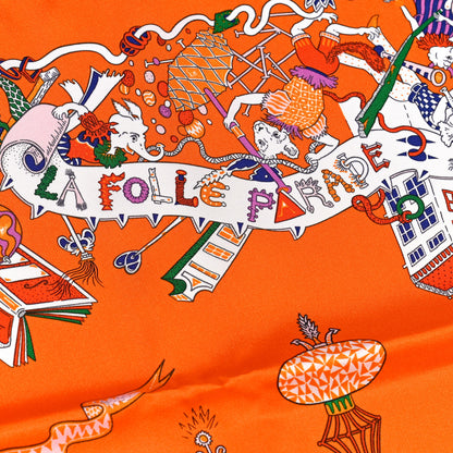 Hermes Silk La Folle Parade Scarf 90 Orange White Mauve 4 of 6