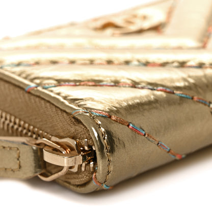 Chanel Metallic Aged Calfskin Chevron Quilted Multicolor Stitch Zip Around Coin Purse Gold 8 of 10