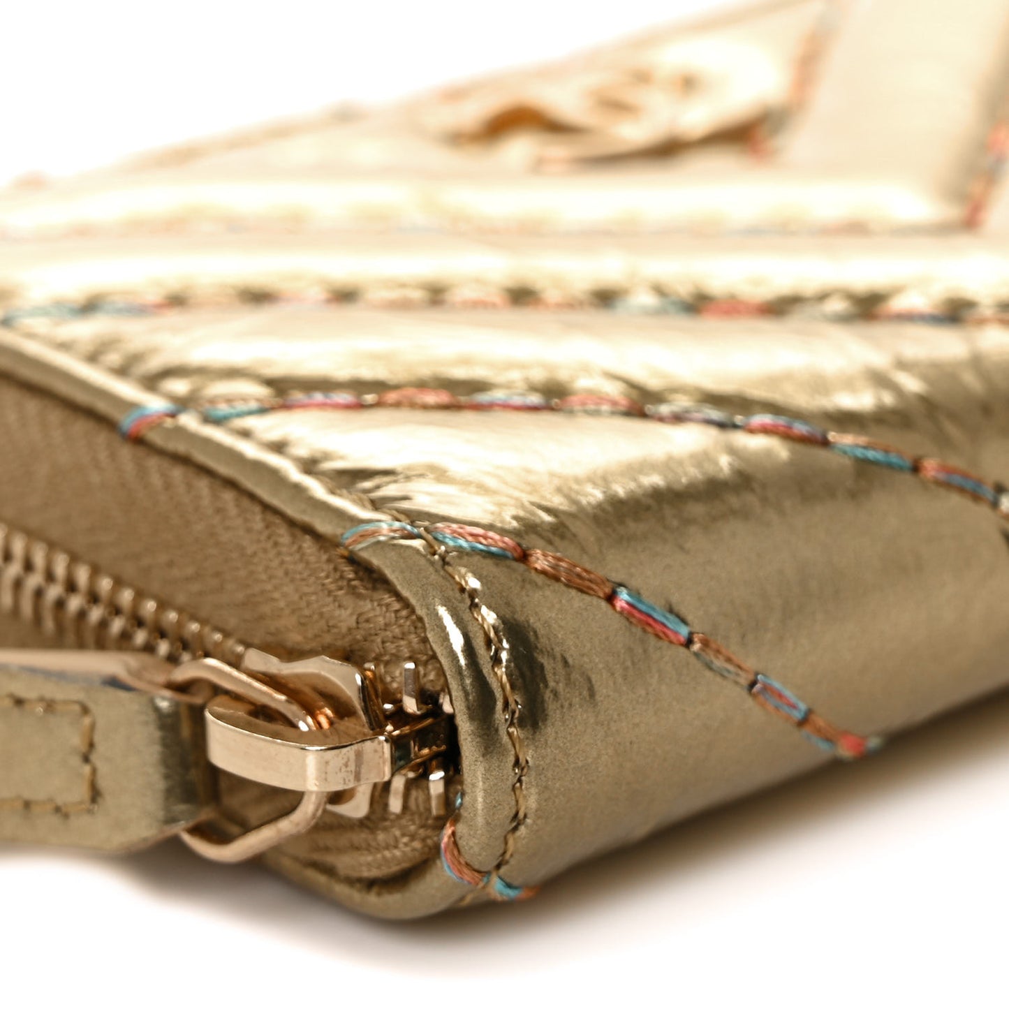 Metallic Aged Calfskin Chevron Quilted Multicolor Stitch Zip Around Coin Purse Gold