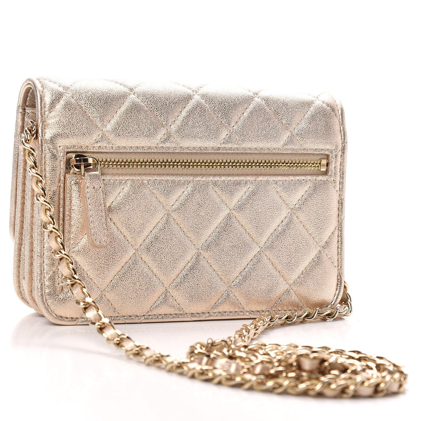 Metallic Lambskin Quilted Mini Wallet On Chain WOC Gold