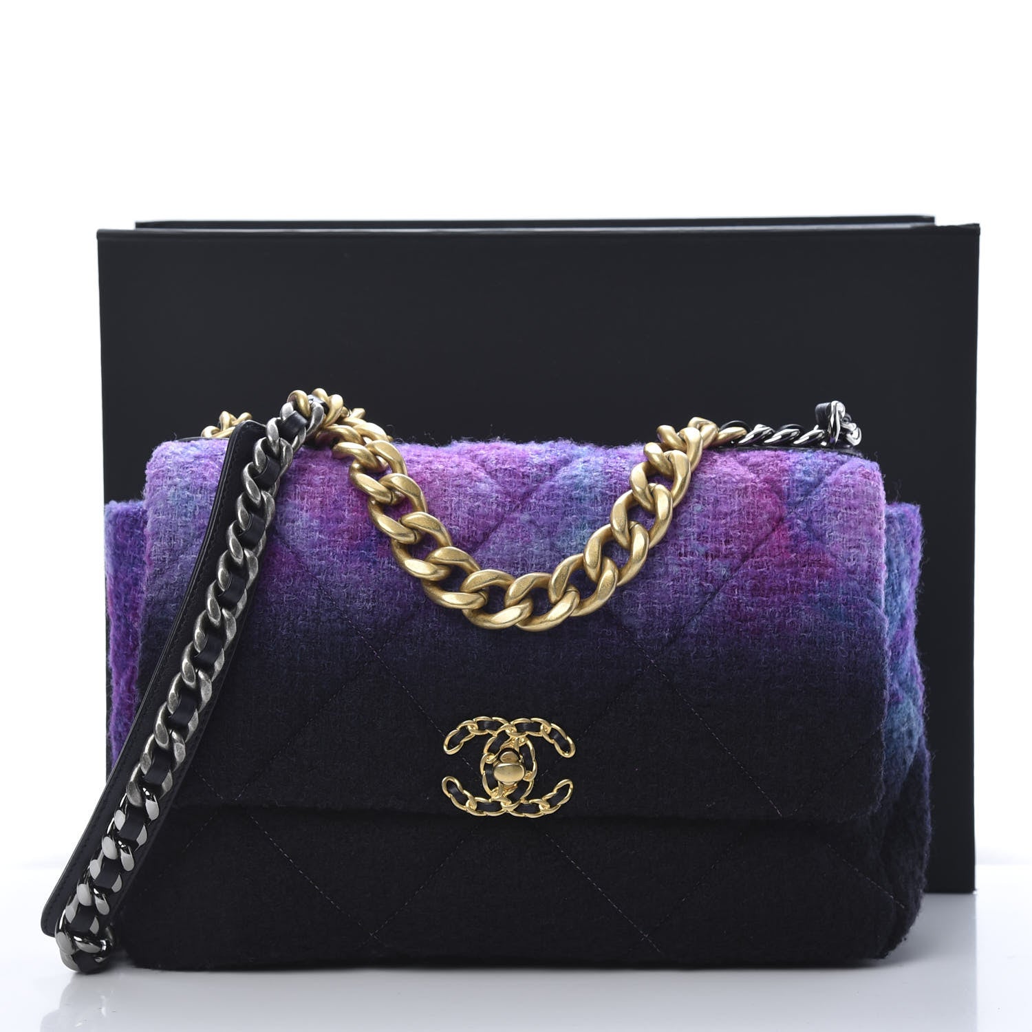 Chanel Wool Tweed Quilted Large 19 Flap Purple Black Blue 11 of 11