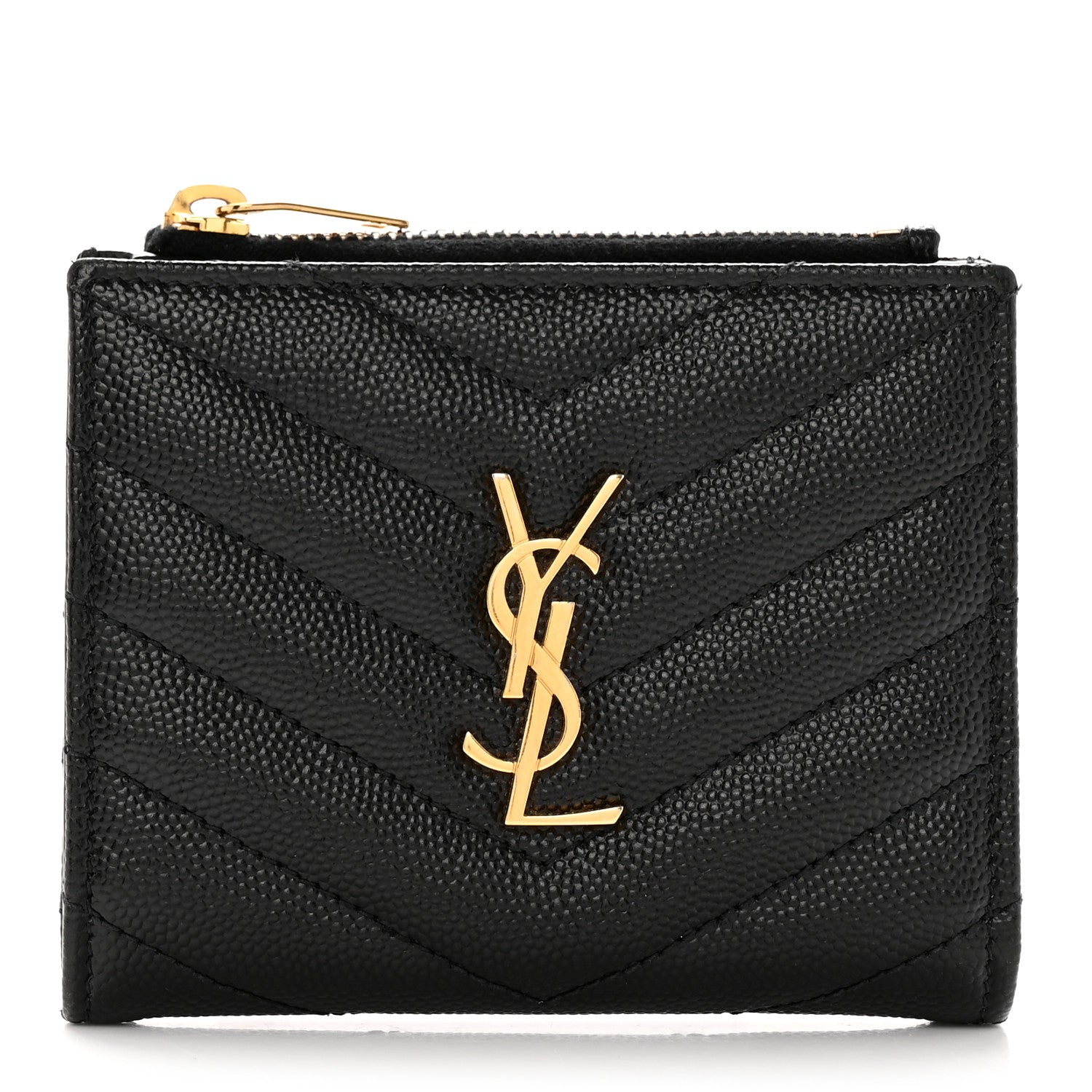 Saint Laurent Grain De Poudre Matelasse Chevron Monogram Zipped Card Case Black 1 of 12